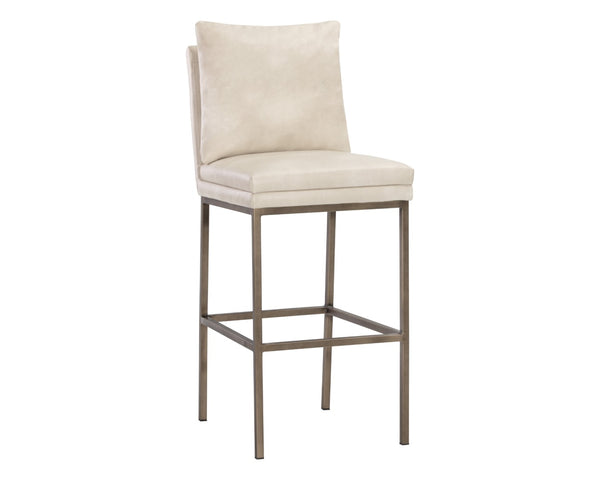 Sunpan PAIGE Barstool - Stylish Faux Leather Comfort with Antique Brass Legs for Modern Spaces and Dining Cream 105943