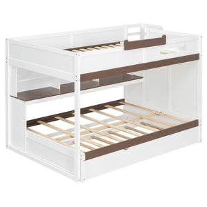 English Elm House-shaped Pine Bunk Bed with Built-in Slide Storage Staircase Twin Over Full Kids Frame White N820S00067K