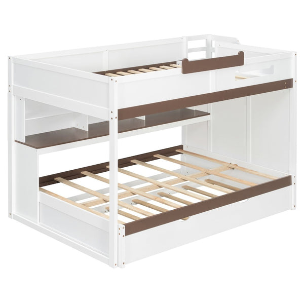English Elm House-shaped Pine Bunk Bed with Built-in Slide Storage Staircase Twin Over Full Kids Frame White N820S00067K