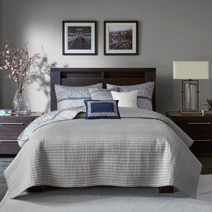 English Elm 6 Piece Reversible Jacquard Quilt Set Navy Grey Striped Chic King/Cal King with 3 Embroidered Pillows B03597590