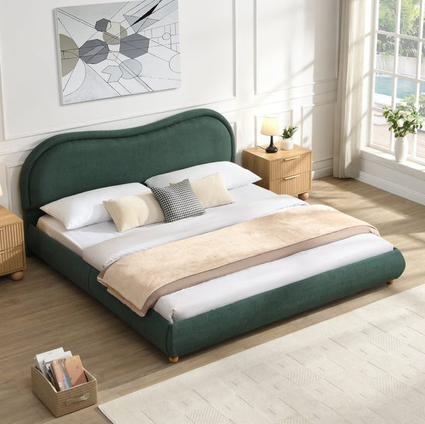 English Elm Queen Chenille Upholstered Curved Headboard Platform Bed with Oak Legs Solid Wood Slats W1716P428274