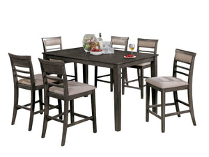 English Elm 7pc Counter Height Dining Set Weathered Gray & Beige Two-Tone 60" Table Padded Slat-Back Chairs B2741P384397