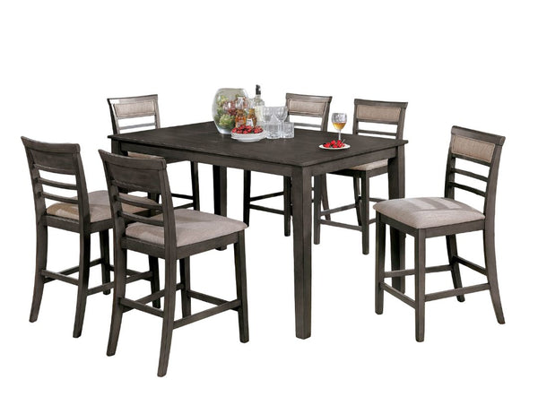 English Elm 7pc Counter Height Dining Set Weathered Gray & Beige Two-Tone 60" Table Padded Slat-Back Chairs B2741P384397