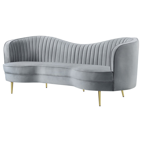 English Elm Reigha Grey Velvet Sofa with Gold Legs — Mid-Century Glam Channel Tufted Bench Seat, 84" Wide B062P351442