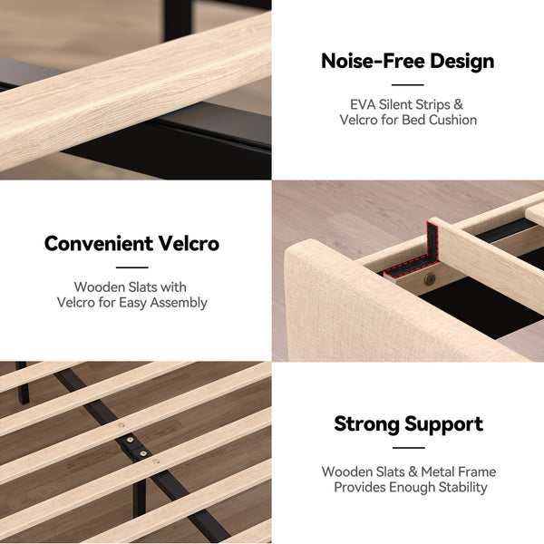 English Elm Full Bed Frame With Headboard - Modern Upholstered Platform Bed With Charging, Led Lights & Support T3825P365723