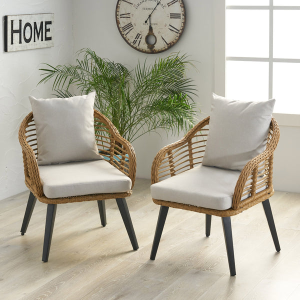 English Elm Christopher Knight Home® - Mcbrayer Wicker Patio Chair Set of 2 with Water-Resistant Cushions, Aluminum Frame, Beige-Brown Comfort 65042.00LBRN