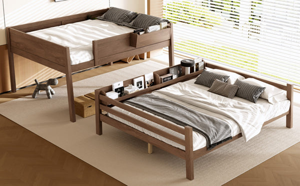 English Elm Queen Over Bunk Bed Pine Frame with Built in Shelving Detachable Vintage Style Wood W5316S00016