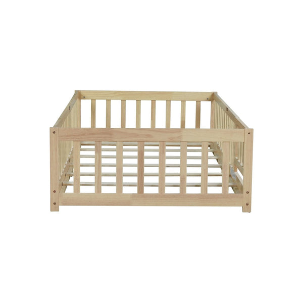 English Elm Twin Rubberwood Montessori Floor Bed with Safety Guardrails for Toddler Bedrooms W504P370521