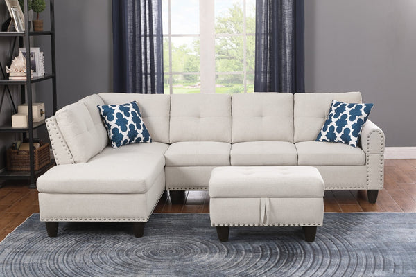 English Elm Black Faux Leather Sectional Sofa with Cup Holders Storage Ottoman and Nailhead Trim Beige B2730S00024