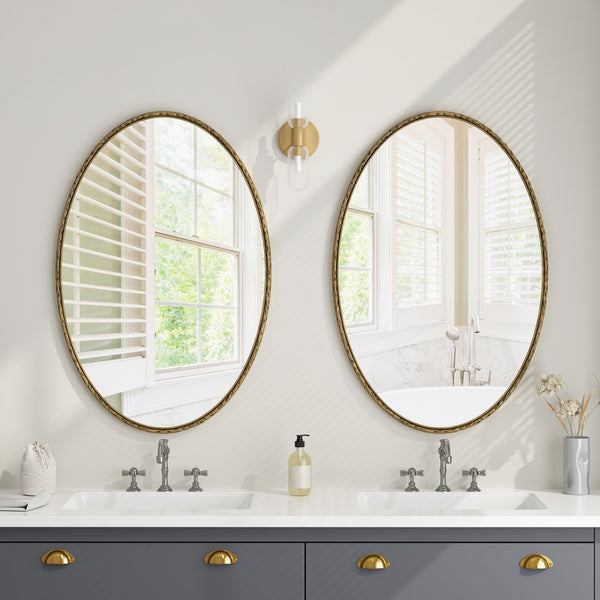 English Elm Iron Oval Retro Mirror with Antique Iron Frame, Elegant Wall Hanging for Bathroom Bedroom Living Room Gold W757P251824