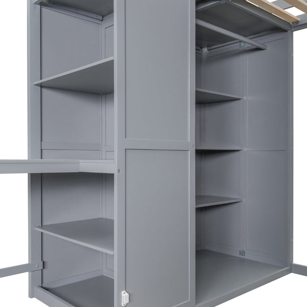 English Elm Full Size Loft Bed with Built-in Desk Wardrobe and Shelves for Teen Bedroom LT100679AEE