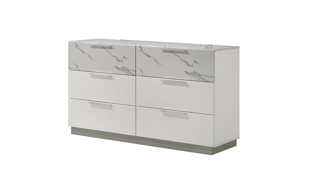 English Elm Mist White Lacquer Dresser with Marble-Effect Accents, 6 Spacious Drawers & Velvet-Lined Top Trays G150108674