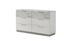 English Elm Mist White Lacquer Dresser with Marble-Effect Accents, 6 Spacious Drawers & Velvet-Lined Top Trays G150108674