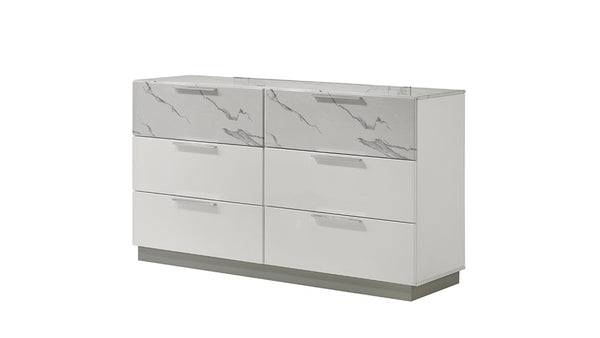English Elm Mist White Lacquer Dresser with Marble-Effect Accents, 6 Spacious Drawers & Velvet-Lined Top Trays G150108674