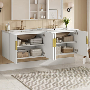 English Elm 60" Vintage Bathroom Vanity with Ceramic Sink Wall-Mount Modern Striped Design Durable MDF Wood Finish White N710SS00010K