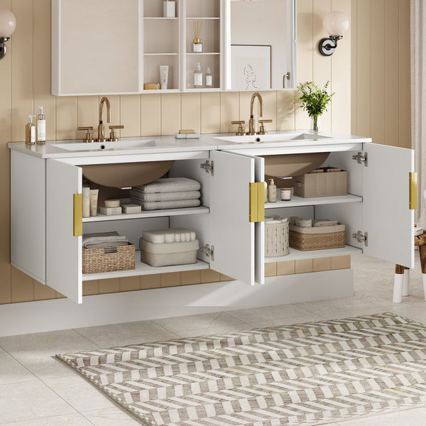 English Elm 60" Vintage Bathroom Vanity with Ceramic Sink Wall-Mount Modern Striped Design Durable MDF Wood Finish White N710SS00010K