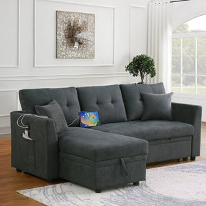 English Elm Sectional Sofa Bed - L-Shaped Velvet Couch With Usb Port, Reversible Sleeper & Storage Chaise, Gray B205S00012-GIGA