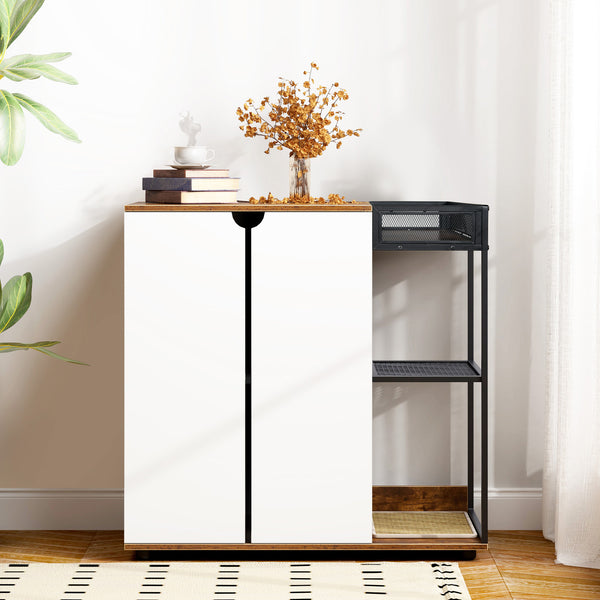 English Elm Litter Box Enclosure for 2 Cats with Ventilated Side Openings, Dual Litter Rooms, Rustic White-Walnut Cabinet W1687P170692