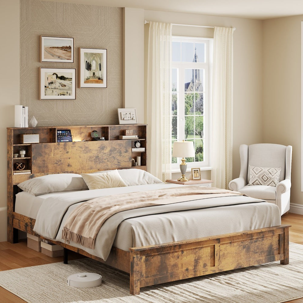 English Elm Wood Queen Platform Bed Bookcase Headboard with Led Lighting and Charging Station W636P444678