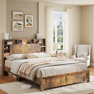 English Elm Wood Queen Platform Bed Bookcase Headboard with Led Lighting and Charging Station W636P444678