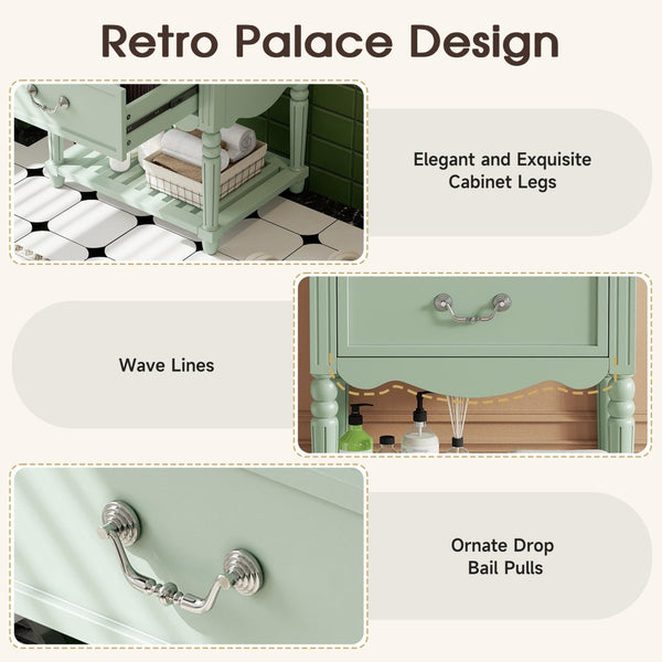 English Elm 24'' Vintage Bathroom Vanity with Ceramic Sink Soft Close Drawers Open Shelf Green N710P411237F