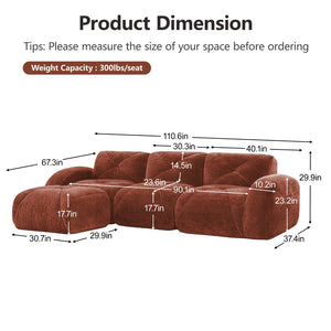 English Elm L-shaped Velvet Sectional Sofa Tufted Modular Seating with Ottoman for Living Room Red+Brown W714S01608