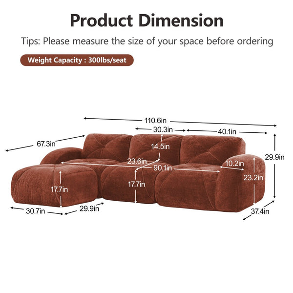 English Elm L-shaped Velvet Sectional Sofa Tufted Modular Seating with Ottoman for Living Room Red+Brown W714S01608