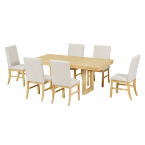 English Elm TOPMAX 7-Piece Extendable Dining Set with 12" Self-Hidden Butterfly Leaf and Upholstered Chairs, Distressed White Wire-Brushed Finish Natural SP000059AAA