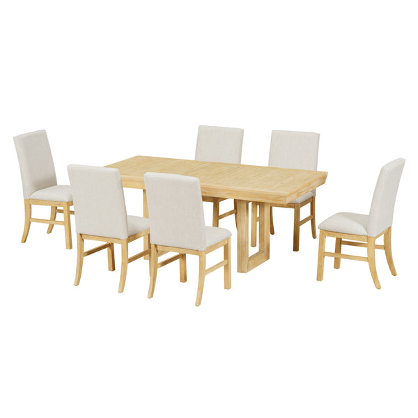 English Elm TOPMAX 7-Piece Extendable Dining Set with 12" Self-Hidden Butterfly Leaf and Upholstered Chairs, Distressed White Wire-Brushed Finish Natural SP000059AAA