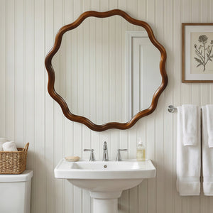 English Elm Black Walnut Solid Wood Wavy Round Mirror Sculptural Bohemian Wall Accent 30 Inch W2203P455238
