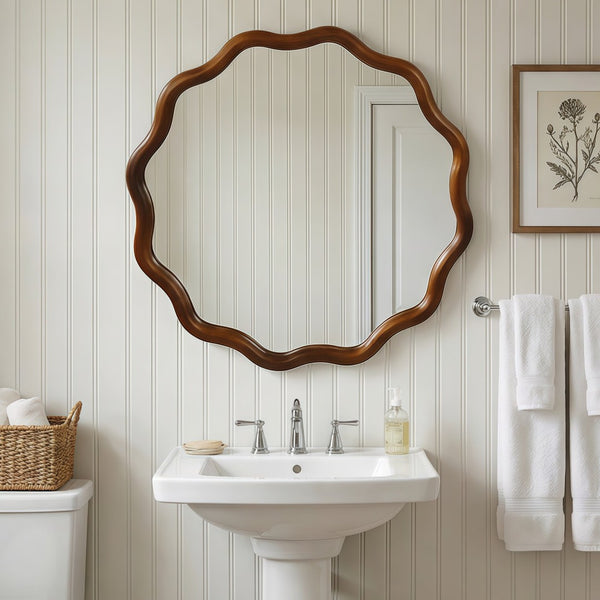 English Elm Black Walnut Solid Wood Wavy Round Mirror Sculptural Bohemian Wall Accent 30 Inch W2203P455238