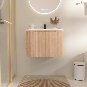 English Elm Arcora 24 Inch Curved Wall-Mount Bathroom Vanity with Integrated Cultured Marble Sink, Soft-Close Drawer, Natural Wood Texture W3235P336171