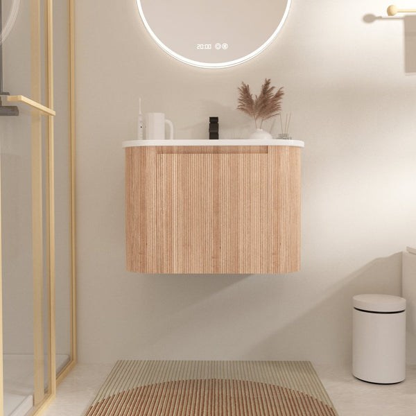 English Elm Arcora 24 Inch Curved Wall-Mount Bathroom Vanity with Integrated Cultured Marble Sink, Soft-Close Drawer, Natural Wood Texture W3235P336171