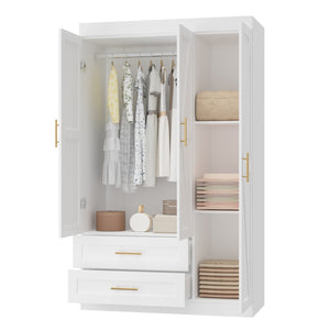 English Elm Shaker Three Door Wardrobe Armoire with Hanging Rod and Shelves for Bedroom White T3210S00005
