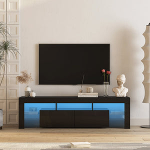 English Elm High Gloss Black Tv Console with Led Ambiance Lighting Storage Cabinets Modern Living Room W1321126658