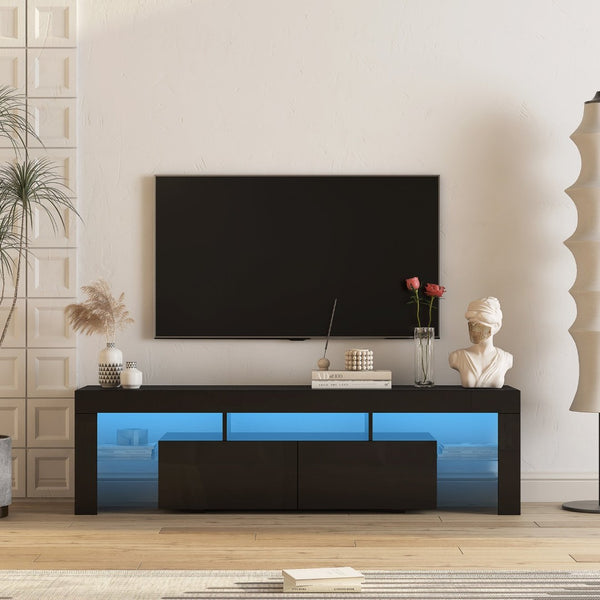 English Elm High Gloss Black Tv Console with Led Ambiance Lighting Storage Cabinets Modern Living Room W1321126658
