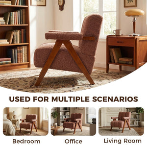 English Elm Mid-century Modern Chenille Lounge Chair Set Oak Frame Cloud Silhouette Living Room Rust Red W1170S00049