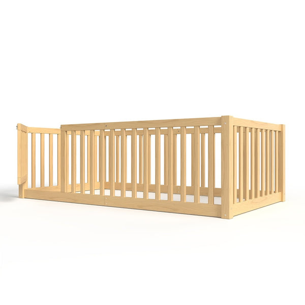 English Elm Twin Floor Bed Pine Wood Frame with Guardrails and Door for Safe Toddler Sleep Natural W1580P417669