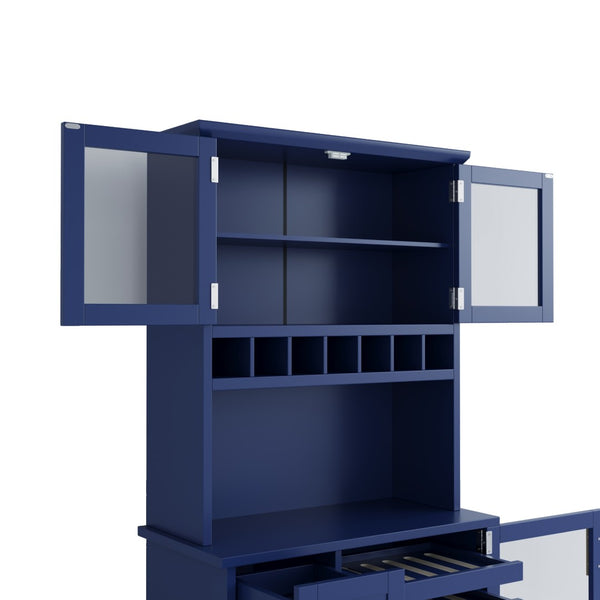 English Elm Topmax Farmhouse Buffet Hutch with Wine Rack Shaker Glass Pantry Cabinet Blue N717P327043C