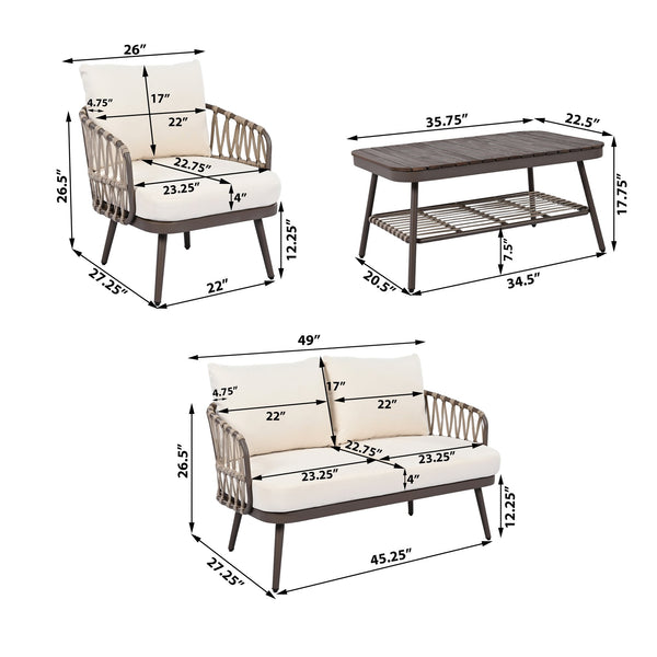 English Elm Christopher Knight Home® - 4-Piece Outdoor Patio Set with Woven Rope U-Back, Steel Frame, Thick Cushions & Acacia Table for Garden Brown+Beige N780P209458R