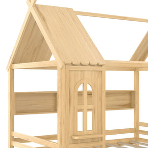 English Elm Full House Solid Wood Platform Bed with Window Roof, Under-Bed Drawers & Shelves for Kids' Rooms Natural W1580S00268