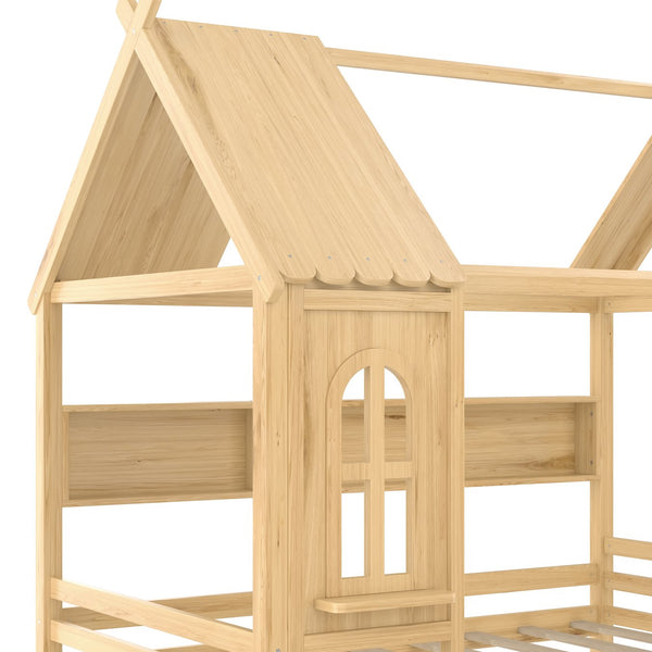 English Elm Full House Solid Wood Platform Bed with Window Roof, Under-Bed Drawers & Shelves for Kids' Rooms Natural W1580S00268