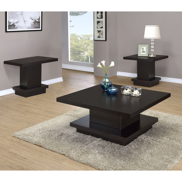 English Elm Cappuccino 3-Piece Square Coffee and End Table Set — Scratch-Resistant Engineered Wood, Stacked Linear Design B062S01314