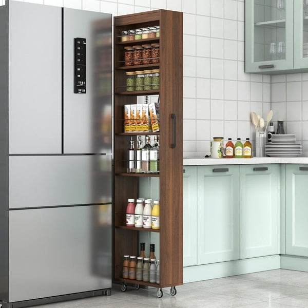 English Elm 7 Tier Rolling Slim Pull Out Pantry Organizer Cart for Kitchen and Narrow Gaps Walnut W331P427521