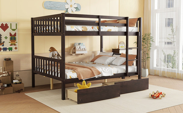 English Elm Full Full Over Full Rubber Wood Bunk Bed With 2 Storage Drawers, Convertible Into 2 Separate Beds, Espresso W504S00196