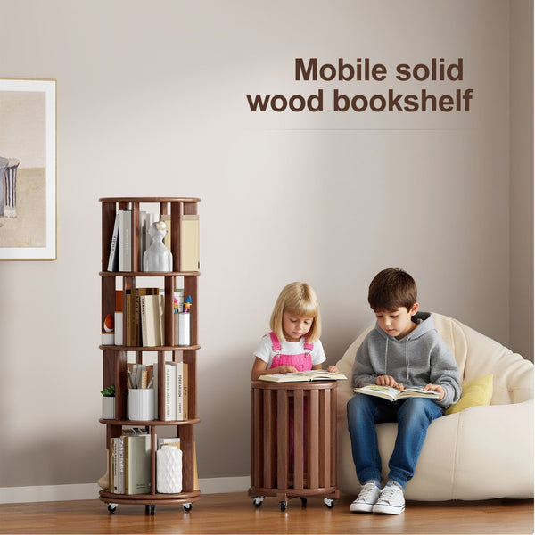 English Elm 100%solid Rubberwood Rotating Tower Bookcase with Locking Wheels 4 Tier Round Shelf W2987P337932