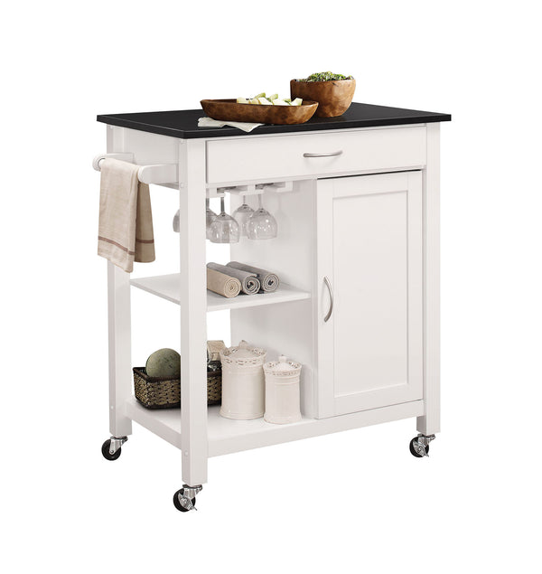 English Elm Ottawa Black Wooden Top Kitchen Cart with White Finish, Stemware Rack, Towel Bar, Locking Casters B2726P272329