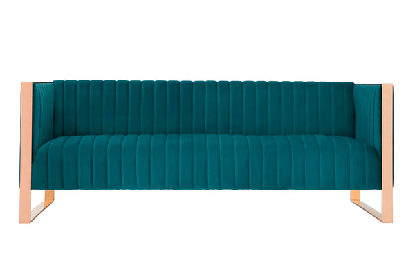 English Elm Trillium 83" Velvet Sofa with Gold Stainless Steel Frame, Vertical Stitching, Plush High-Density Foam Teal B365P398097