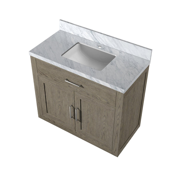 English Elm Grey Oak Single-Sink Vanity With Elegant Carrara Marble Top - Fully Assembled, Soft-Close Hardware B2731P257678