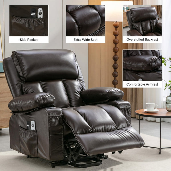 English Elm Power Lift Recliner Chair with Massage Heating Fleece Leather and Usb for Elderly Brown W1807P299429